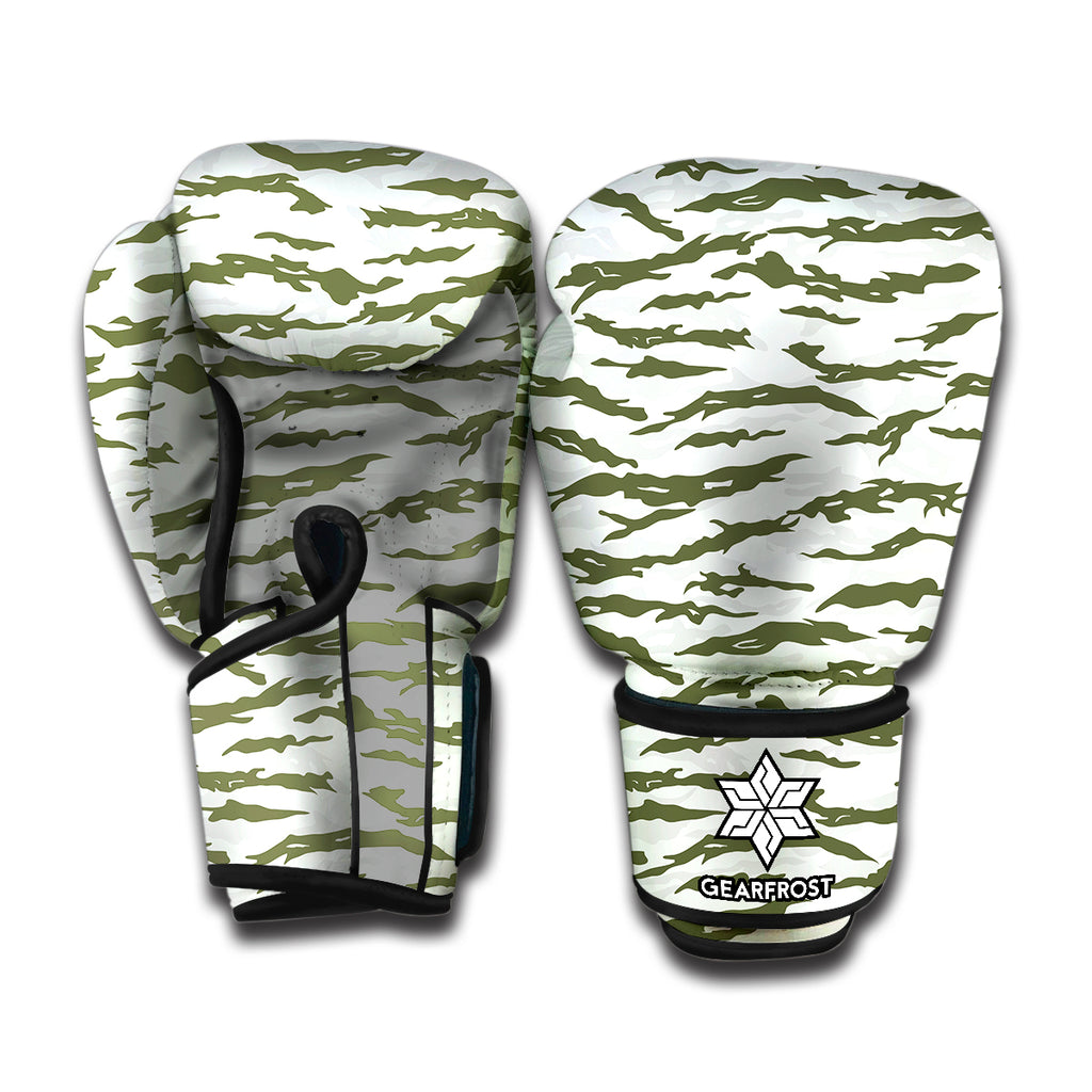 Green And White Tiger Stripe Camo Print Boxing Gloves