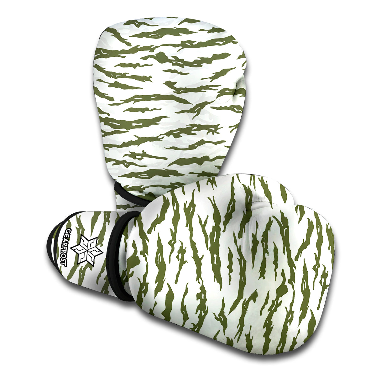 Green And White Tiger Stripe Camo Print Boxing Gloves