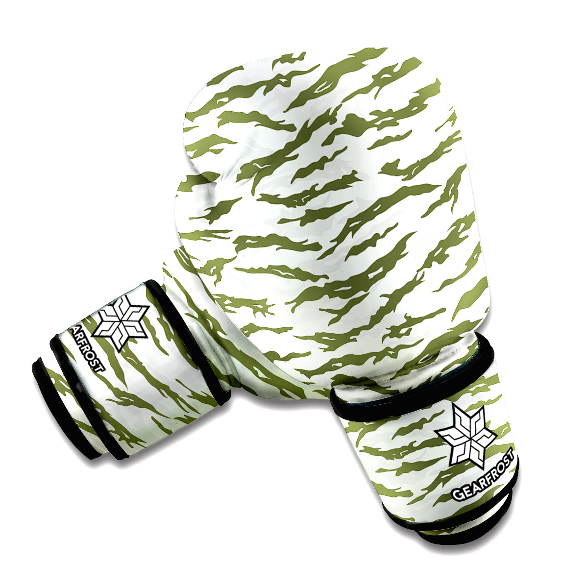 Green And White Tiger Stripe Camo Print Boxing Gloves