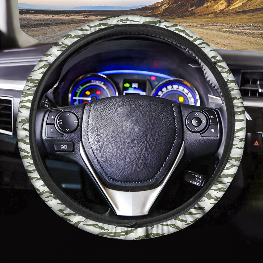 Green And White Tiger Stripe Camo Print Car Steering Wheel Cover