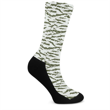 Green And White Tiger Stripe Camo Print Crew Socks