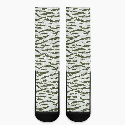 Green And White Tiger Stripe Camo Print Crew Socks
