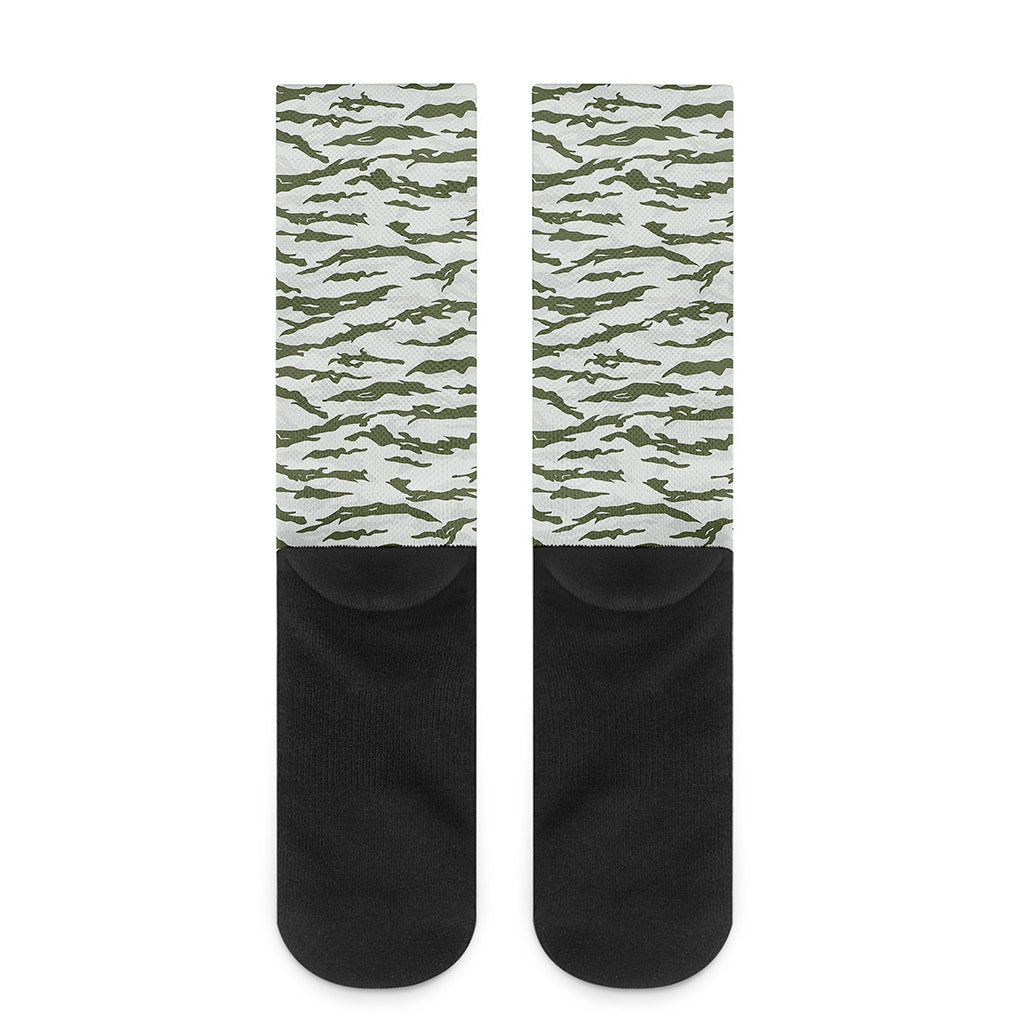 Green And White Tiger Stripe Camo Print Crew Socks