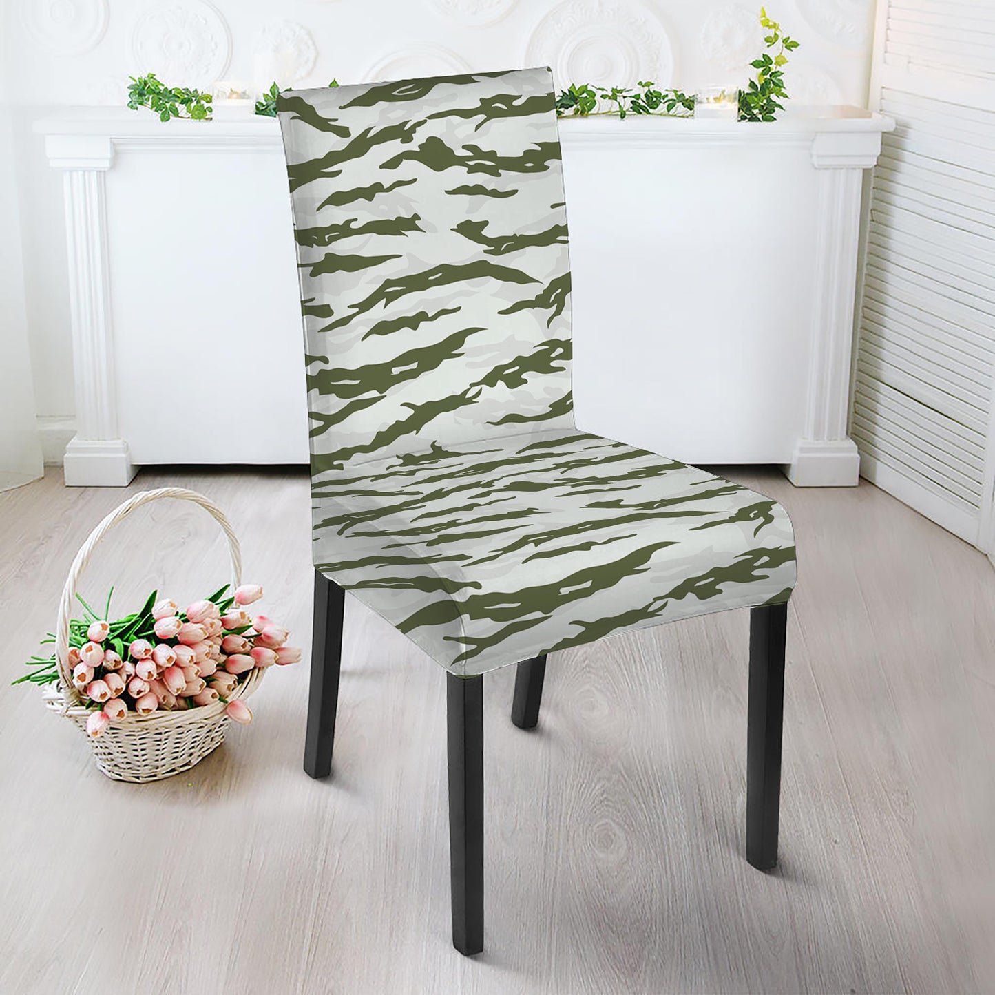 Green And White Tiger Stripe Camo Print Dining Chair Slipcover