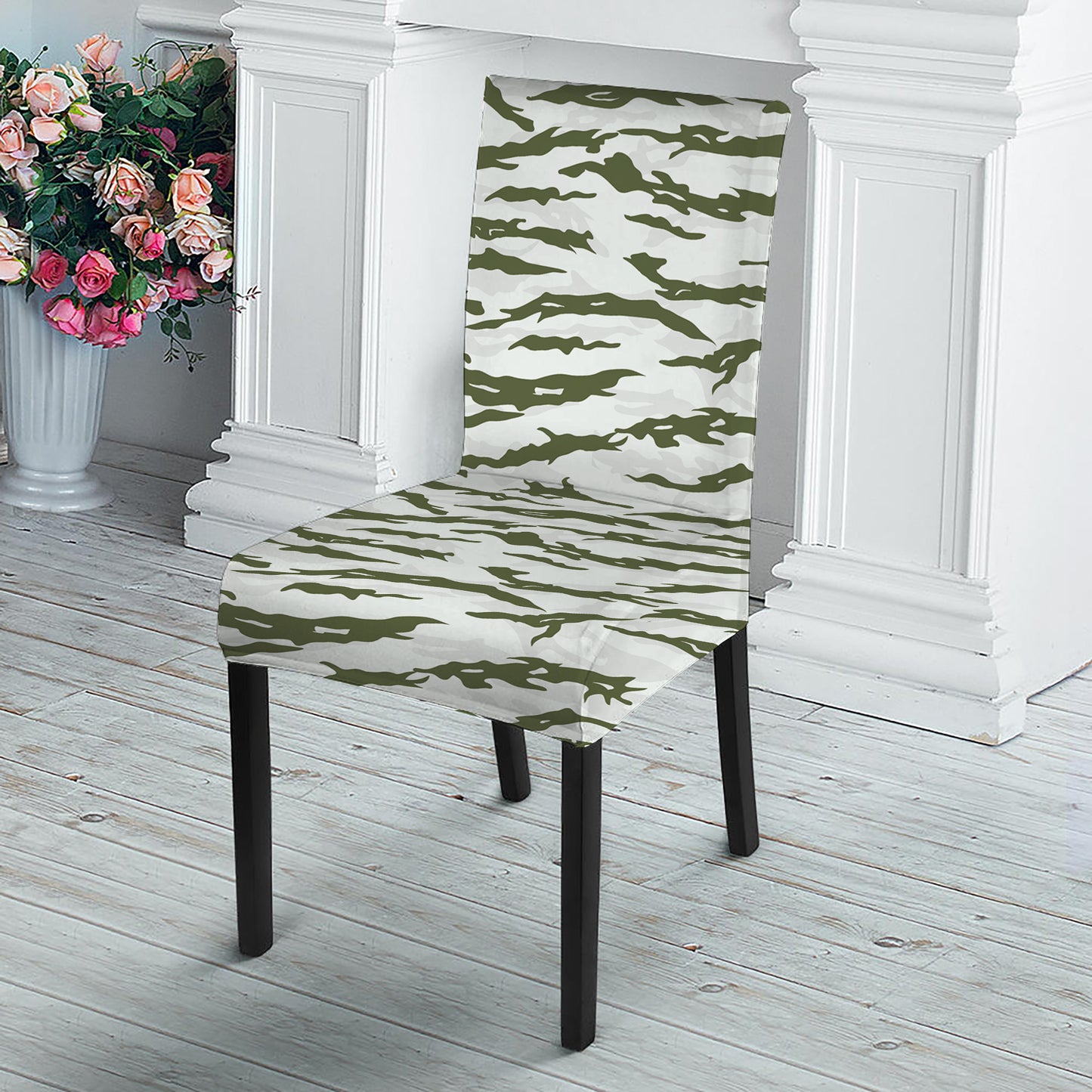 Green And White Tiger Stripe Camo Print Dining Chair Slipcover