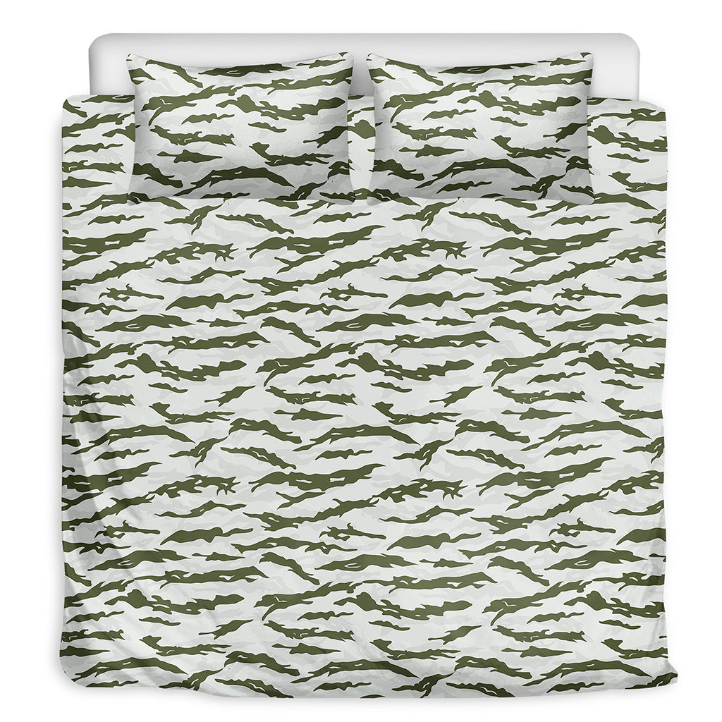 Green And White Tiger Stripe Camo Print Duvet Cover Bedding Set