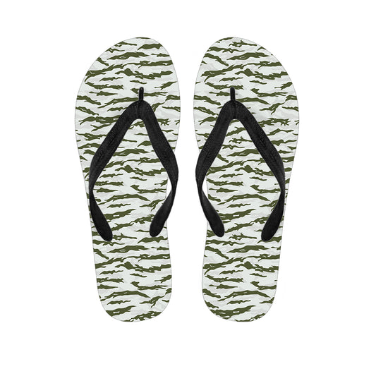 Green And White Tiger Stripe Camo Print Flip Flops