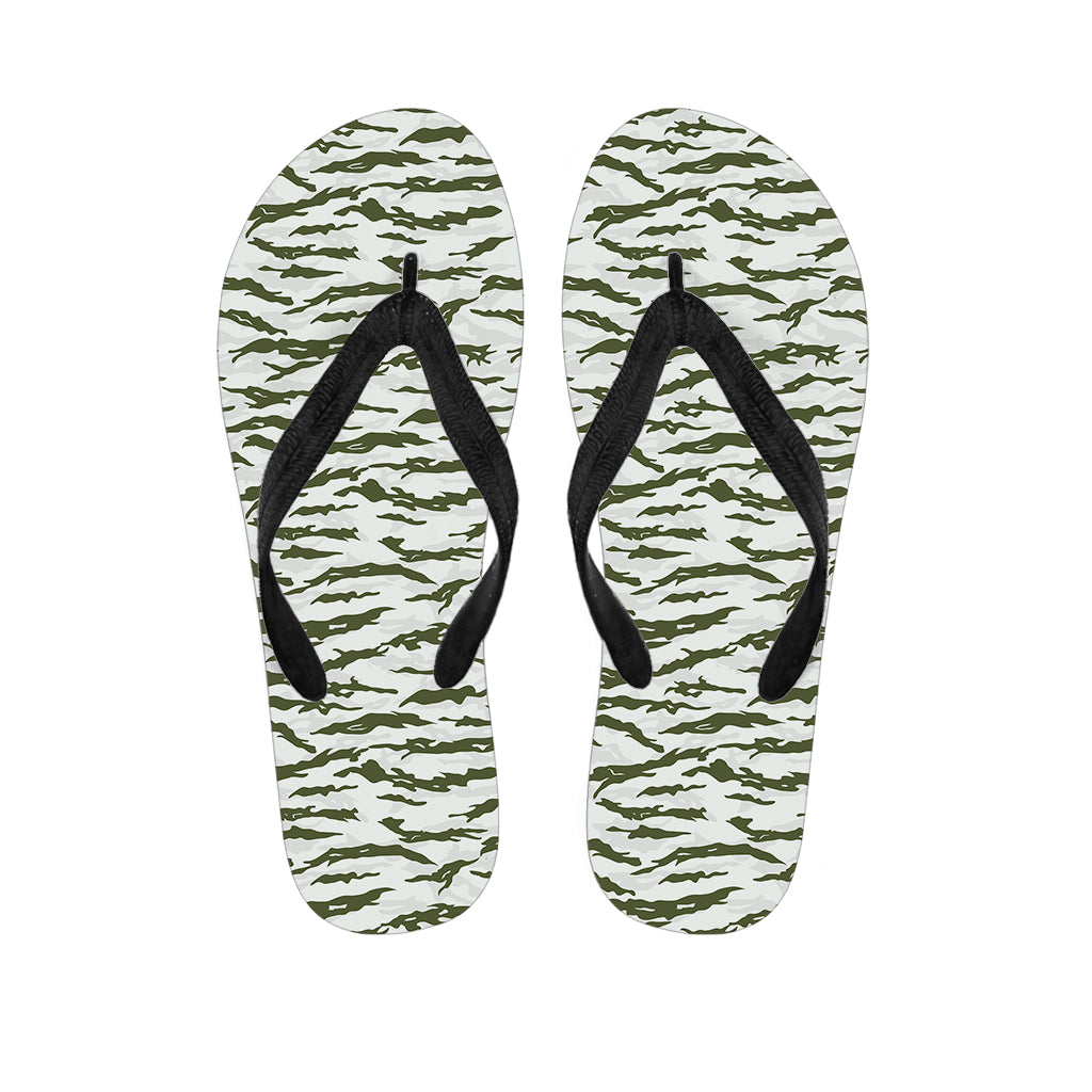 Green And White Tiger Stripe Camo Print Flip Flops