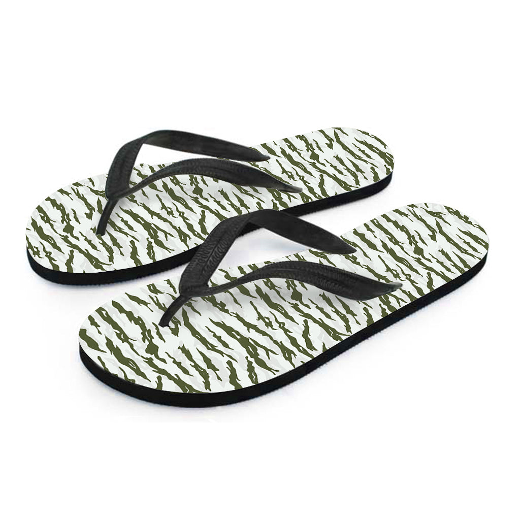 Green And White Tiger Stripe Camo Print Flip Flops
