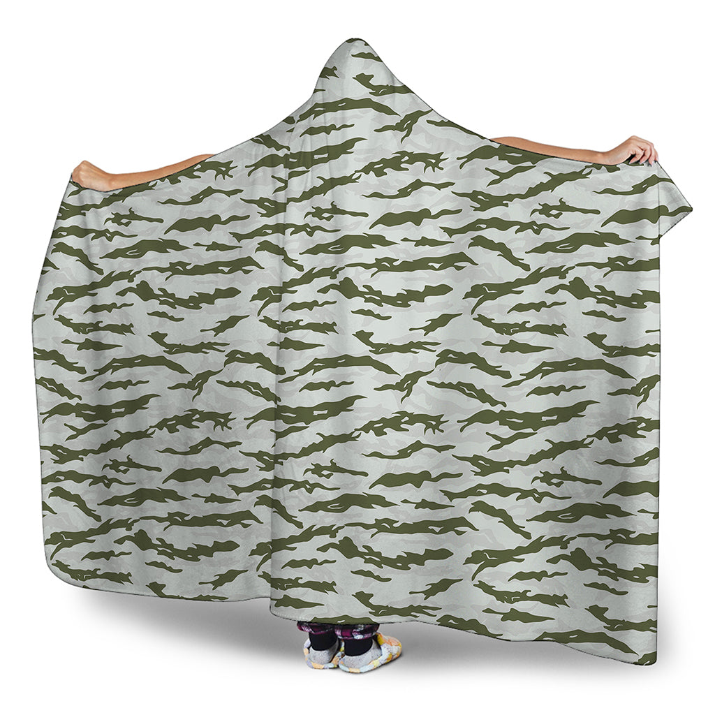 Green And White Tiger Stripe Camo Print Hooded Blanket