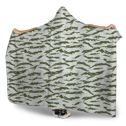 Green And White Tiger Stripe Camo Print Hooded Blanket