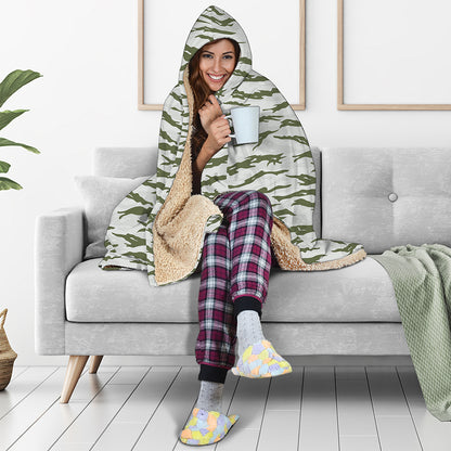 Green And White Tiger Stripe Camo Print Hooded Blanket