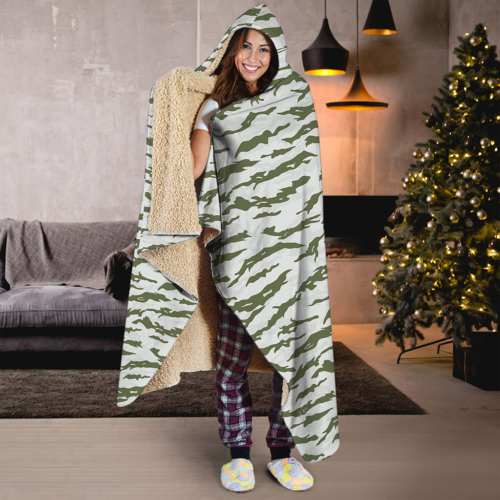 Green And White Tiger Stripe Camo Print Hooded Blanket