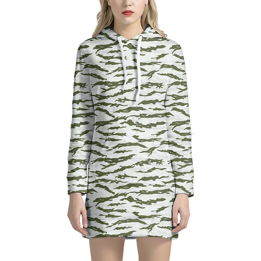 Green And White Tiger Stripe Camo Print Hoodie Dress
