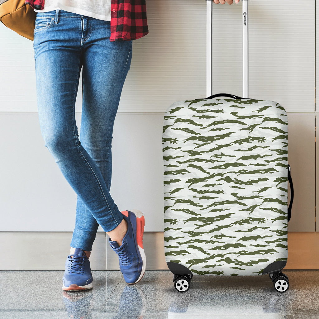 Green And White Tiger Stripe Camo Print Luggage Cover