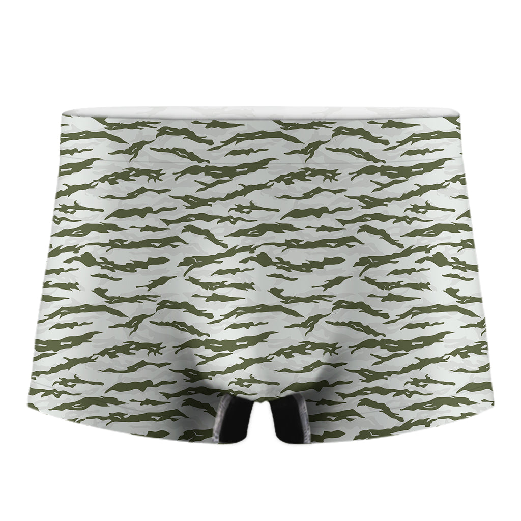 Green And White Tiger Stripe Camo Print Men's Boxer Briefs