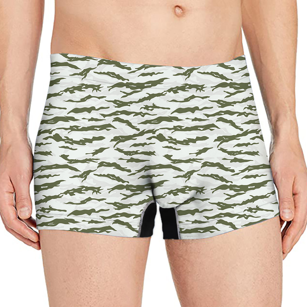 Green And White Tiger Stripe Camo Print Men's Boxer Briefs