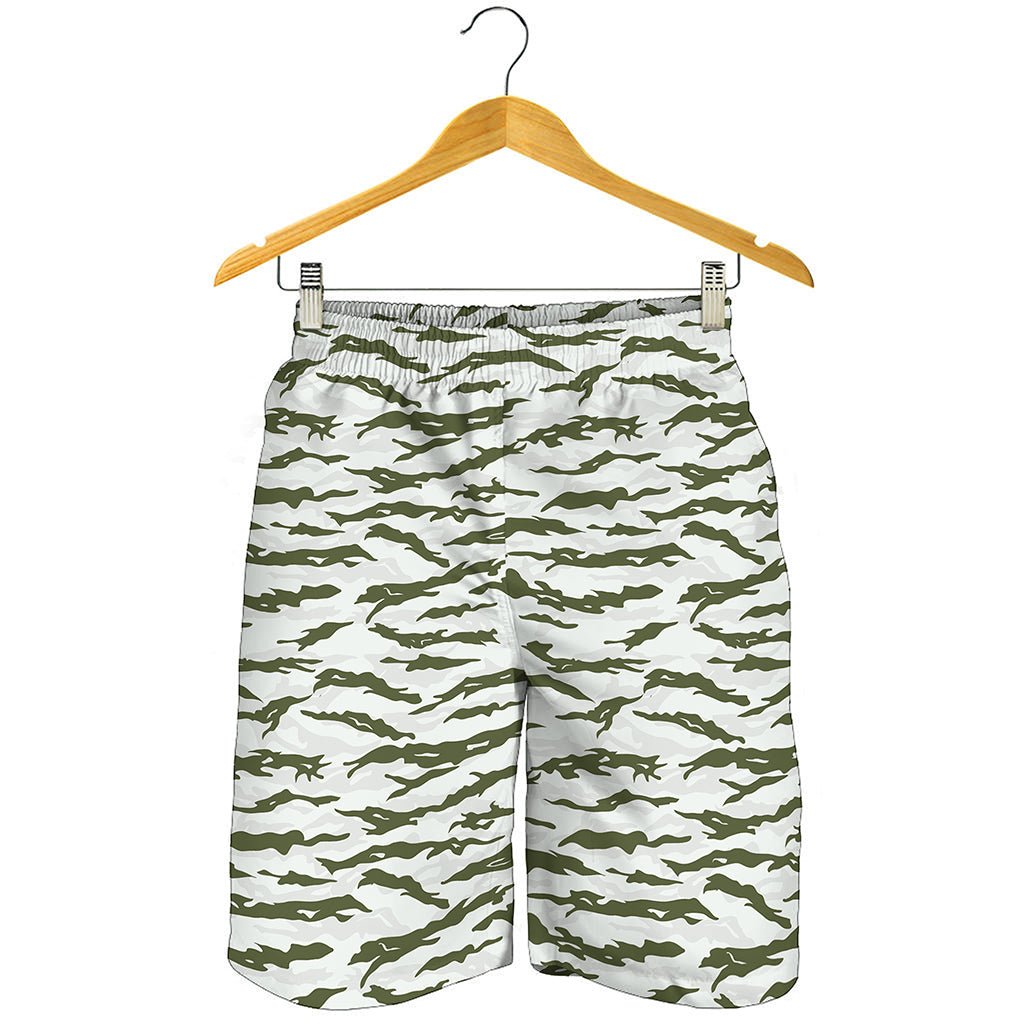 Green And White Tiger Stripe Camo Print Men's Shorts