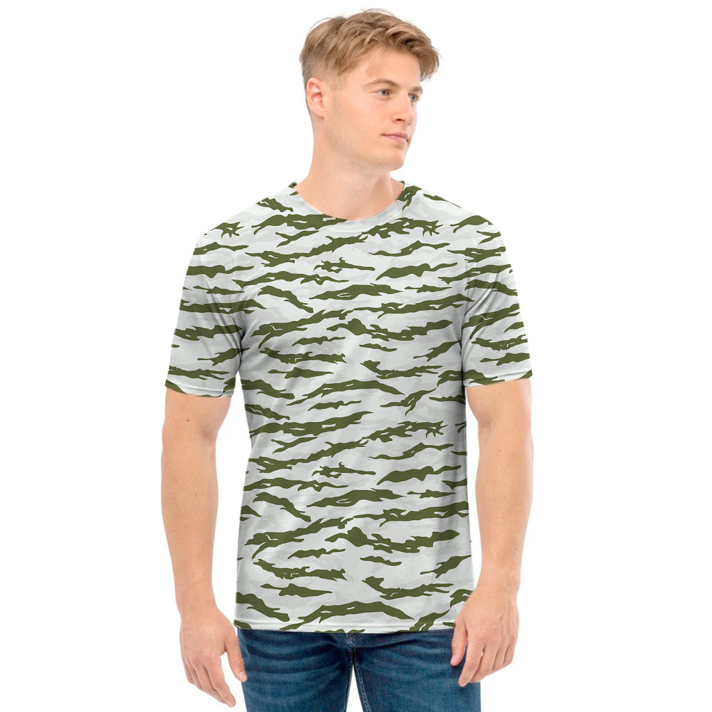 Green And White Tiger Stripe Camo Print Men's T-Shirt