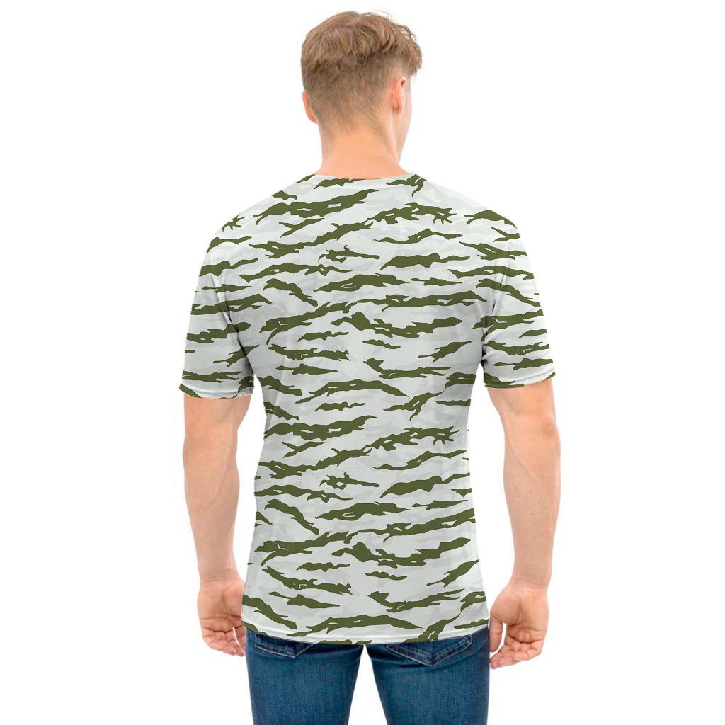 Green And White Tiger Stripe Camo Print Men's T-Shirt