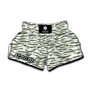 Green And White Tiger Stripe Camo Print Muay Thai Boxing Shorts