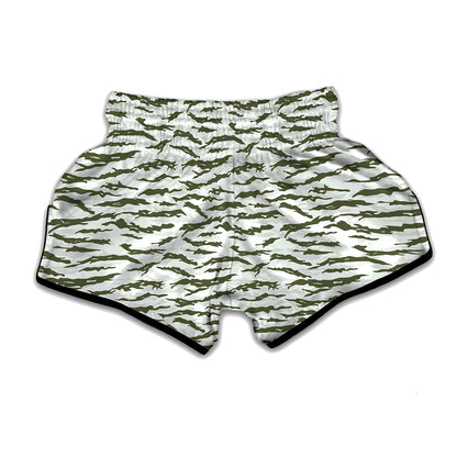 Green And White Tiger Stripe Camo Print Muay Thai Boxing Shorts