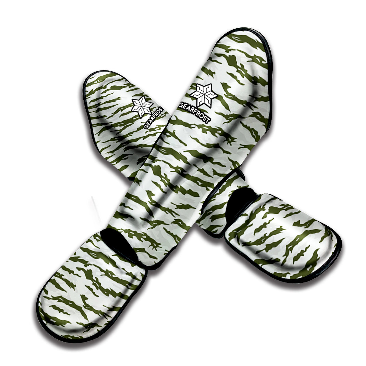 Green And White Tiger Stripe Camo Print Muay Thai Shin Guard