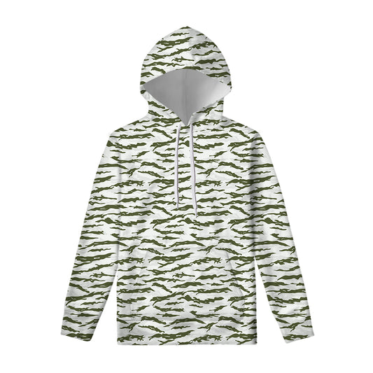 Green And White Tiger Stripe Camo Print Pullover Hoodie