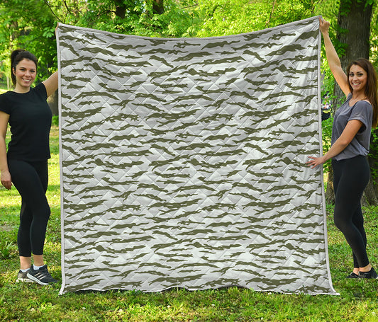 Green And White Tiger Stripe Camo Print Quilt