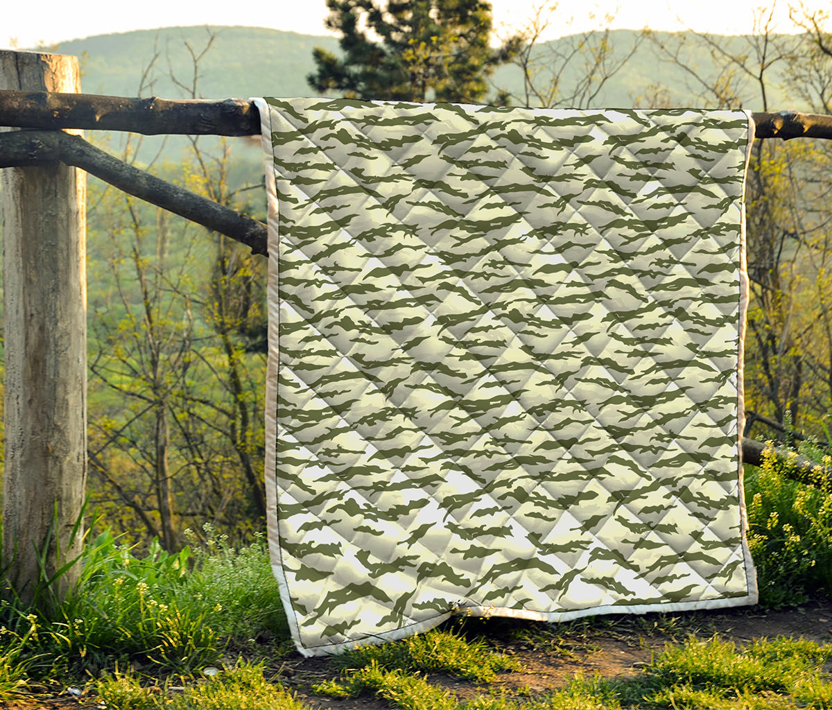 Green And White Tiger Stripe Camo Print Quilt