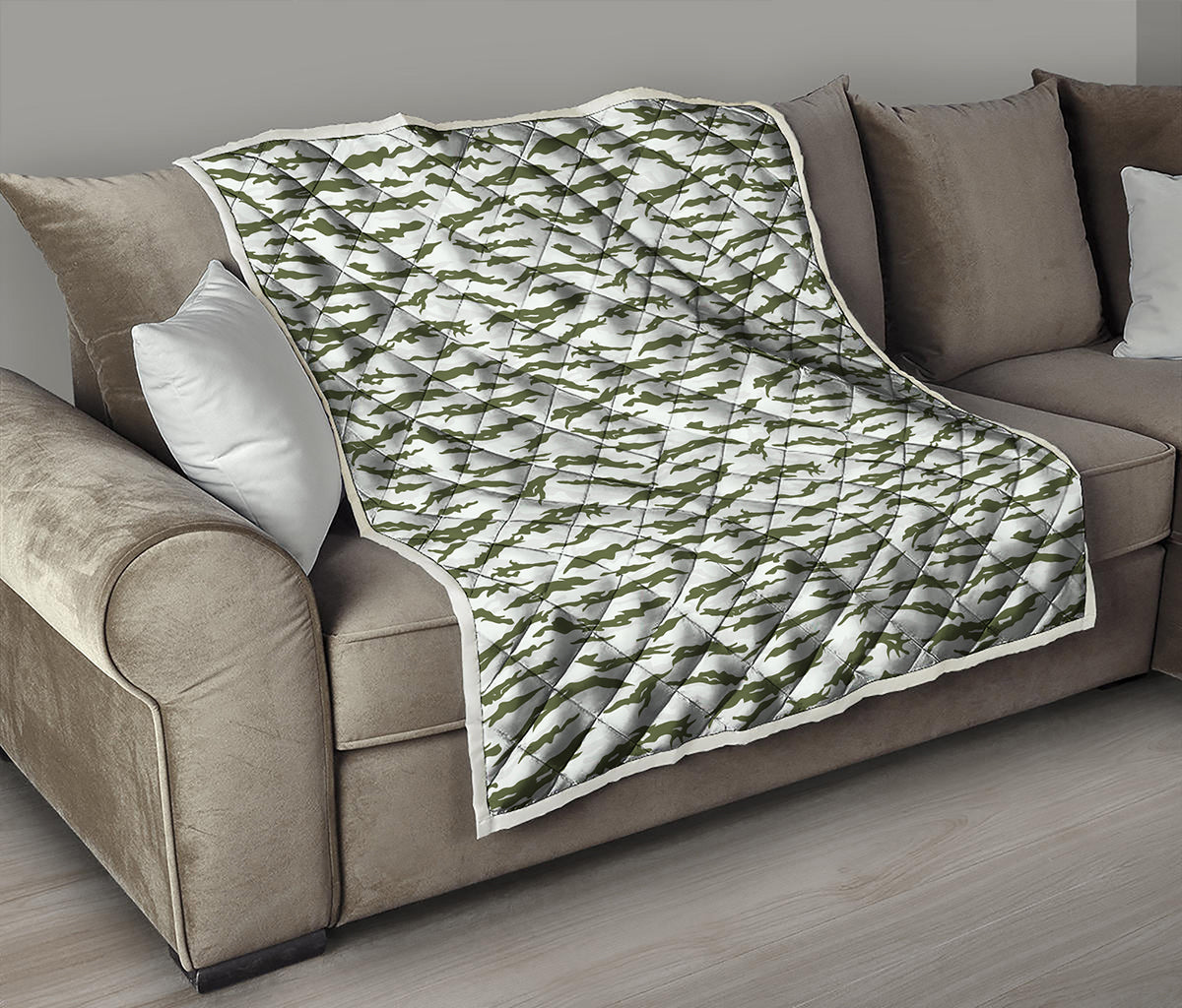 Green And White Tiger Stripe Camo Print Quilt