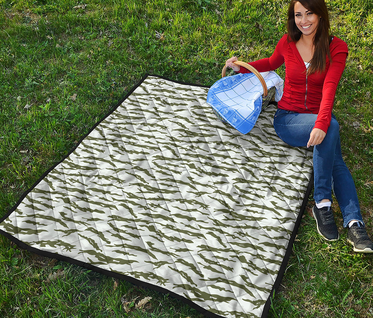 Green And White Tiger Stripe Camo Print Quilt