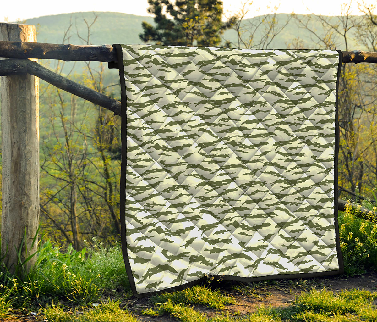 Green And White Tiger Stripe Camo Print Quilt