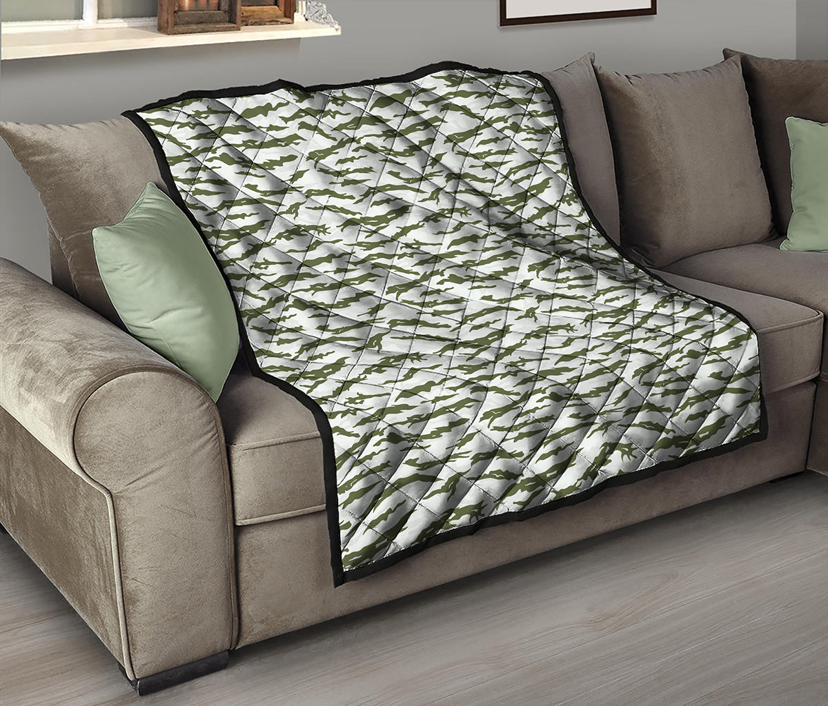 Green And White Tiger Stripe Camo Print Quilt