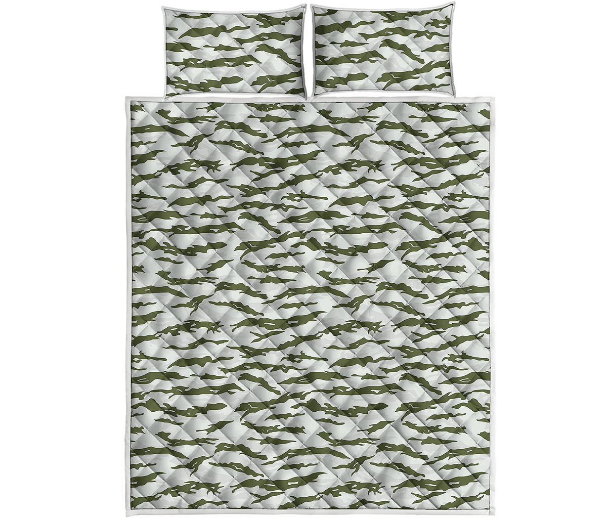 Green And White Tiger Stripe Camo Print Quilt Bed Set