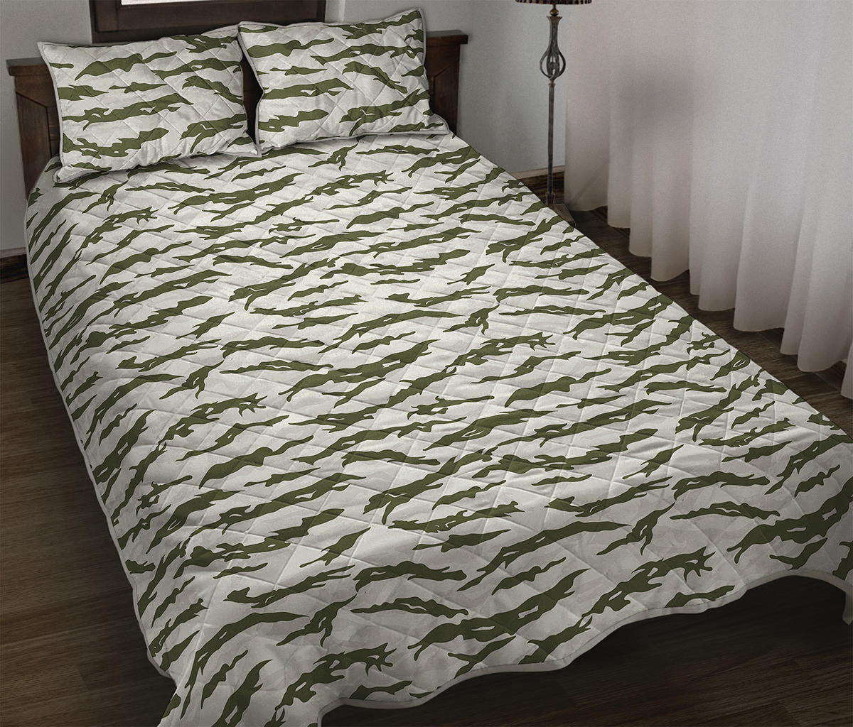 Green And White Tiger Stripe Camo Print Quilt Bed Set