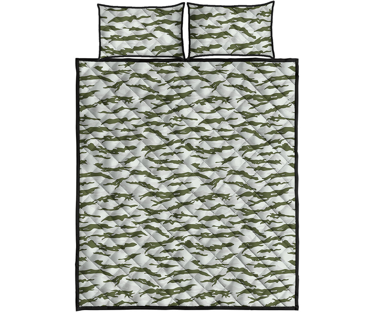 Green And White Tiger Stripe Camo Print Quilt Bed Set