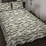 Green And White Tiger Stripe Camo Print Quilt Bed Set