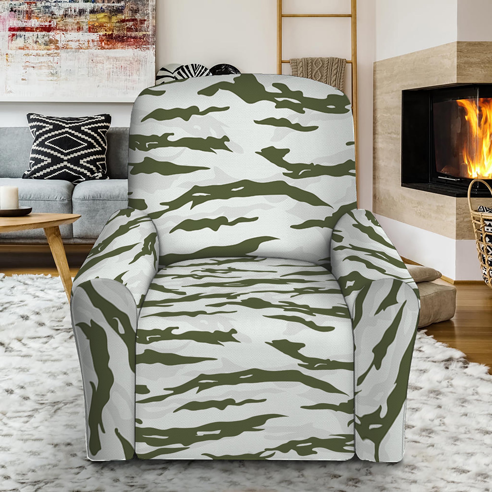 Green And White Tiger Stripe Camo Print Recliner Slipcover GearFrost