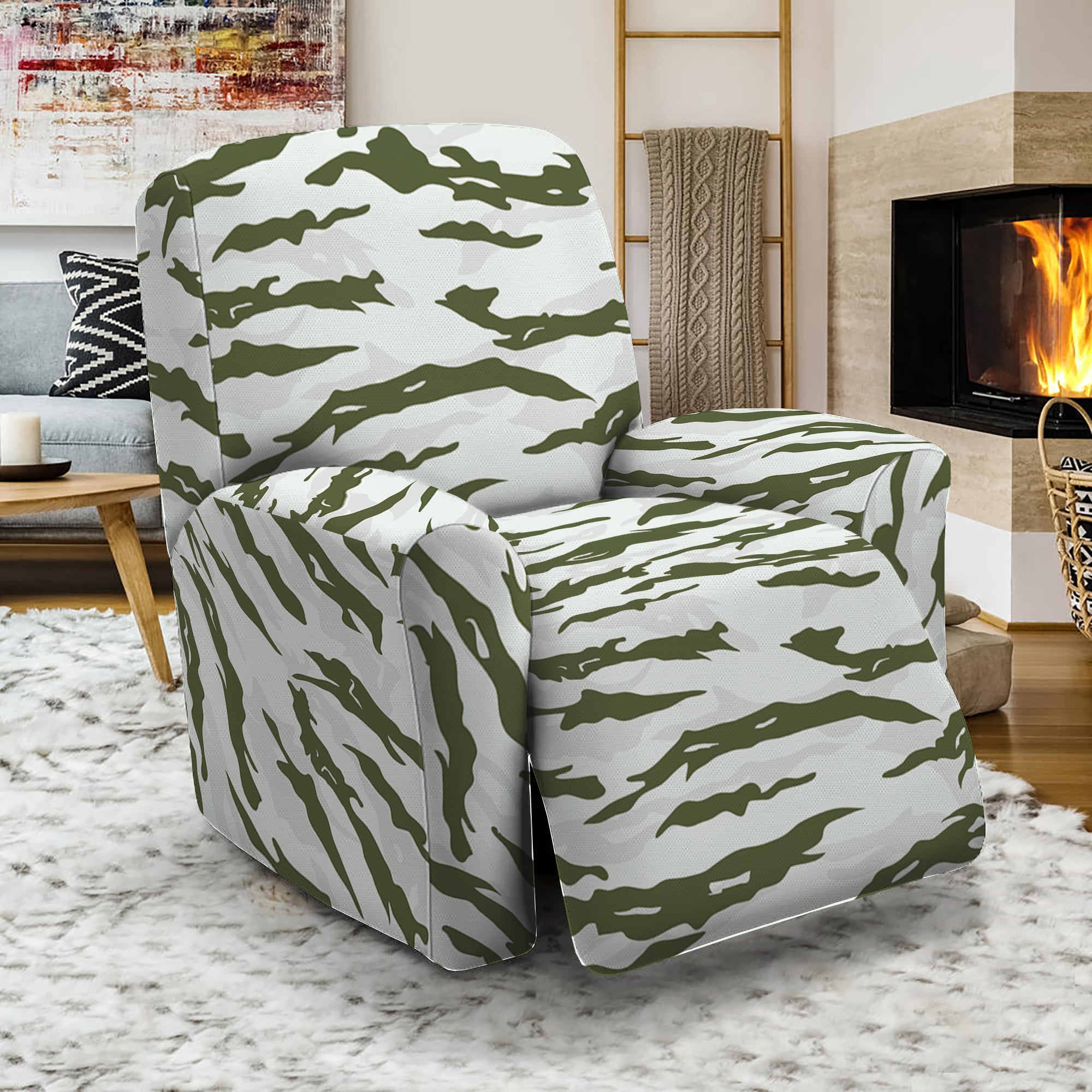 Green And White Tiger Stripe Camo Print Recliner Slipcover GearFrost