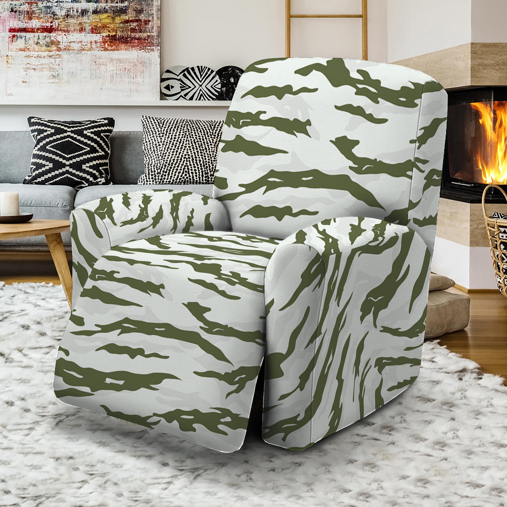 Green And White Tiger Stripe Camo Print Recliner Slipcover GearFrost