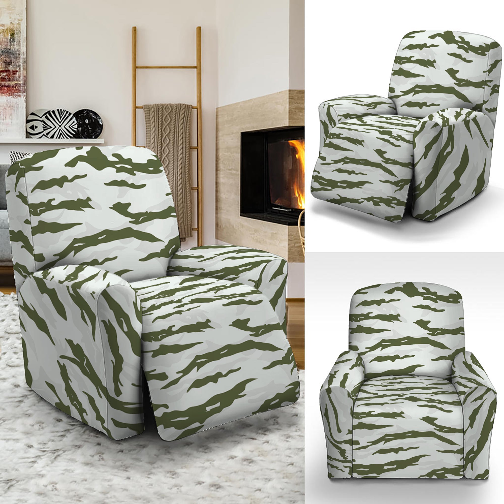 Green And White Tiger Stripe Camo Print Recliner Slipcover GearFrost