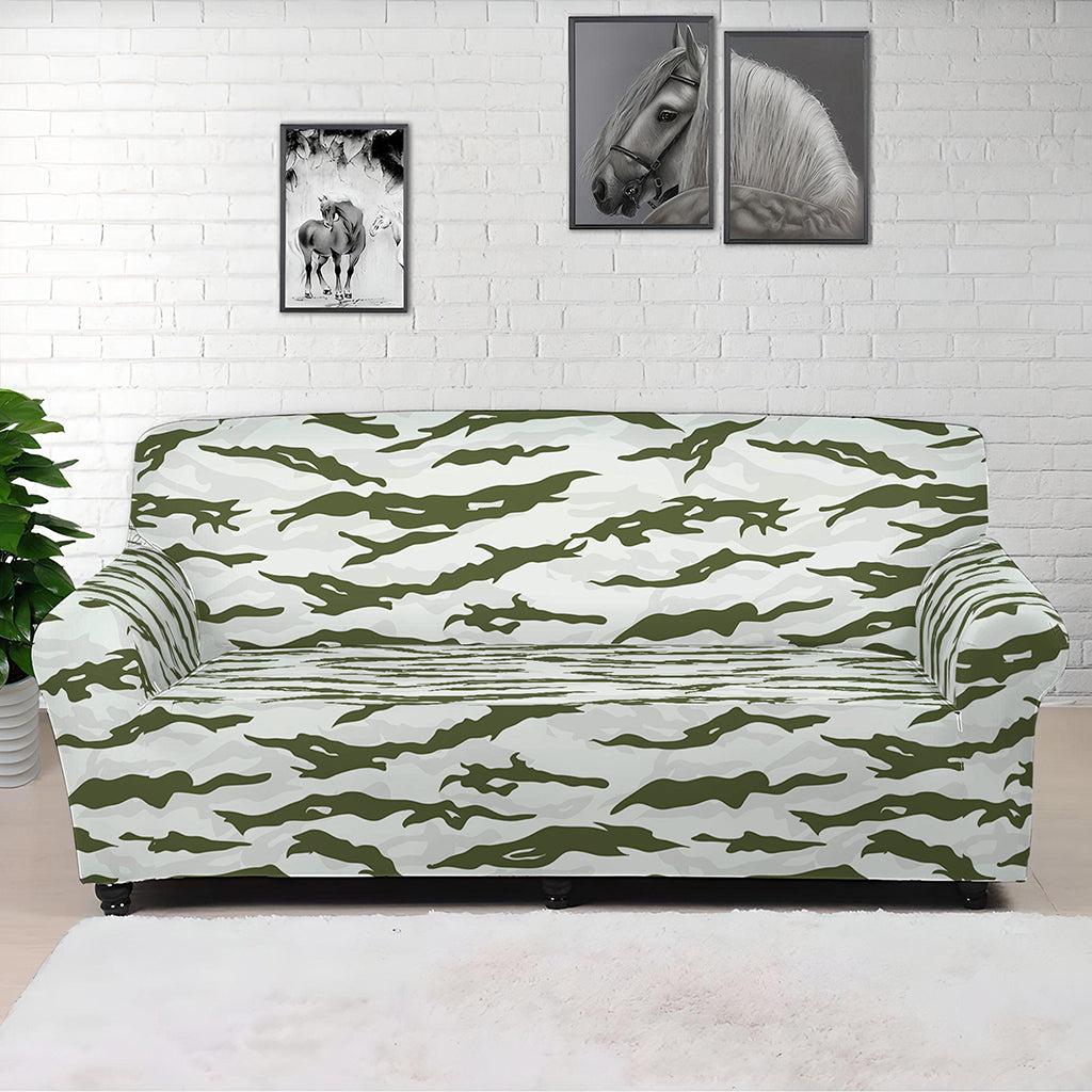 Green And White Tiger Stripe Camo Print Sofa Cover