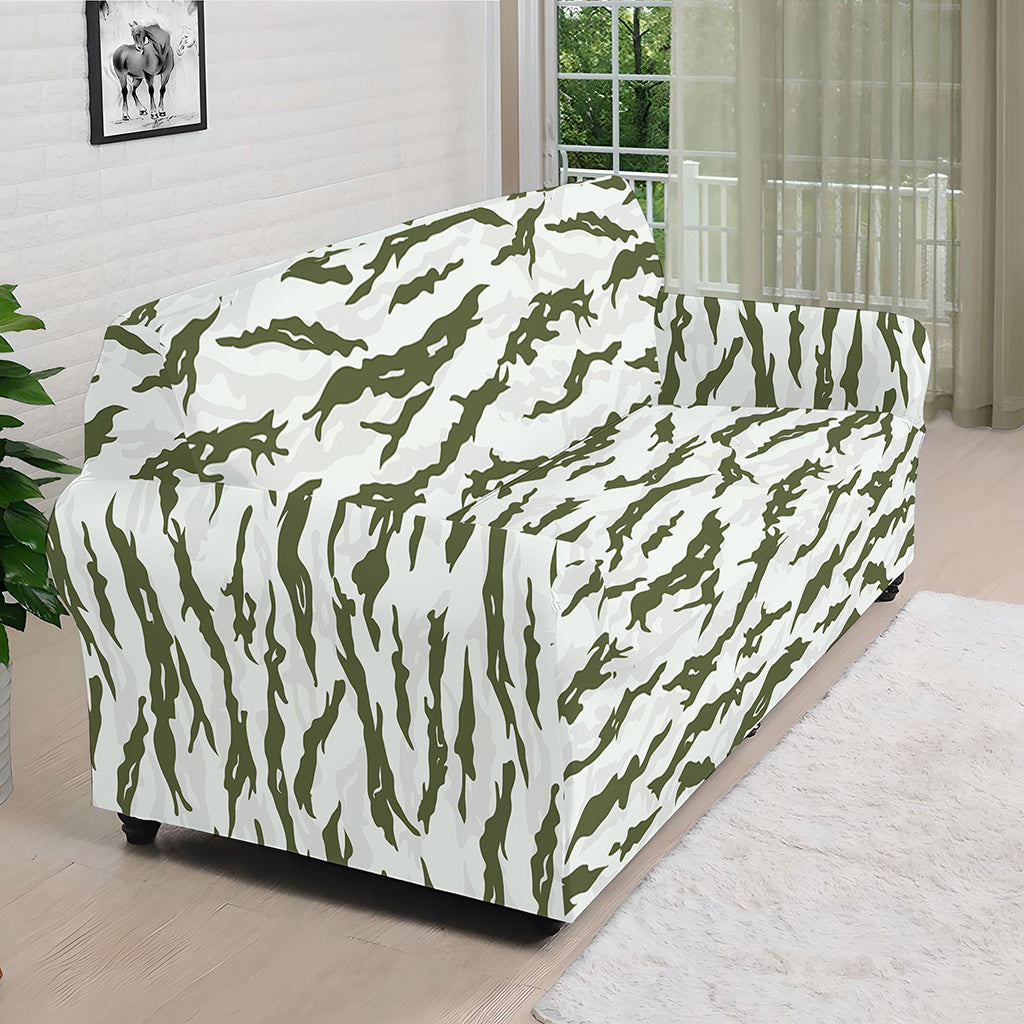 Green And White Tiger Stripe Camo Print Sofa Cover