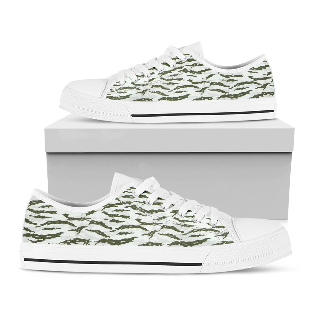 Green And White Tiger Stripe Camo Print White Low Top Shoes