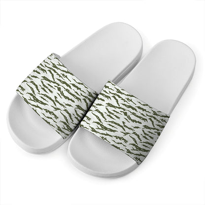 Green And White Tiger Stripe Camo Print White Slide Sandals