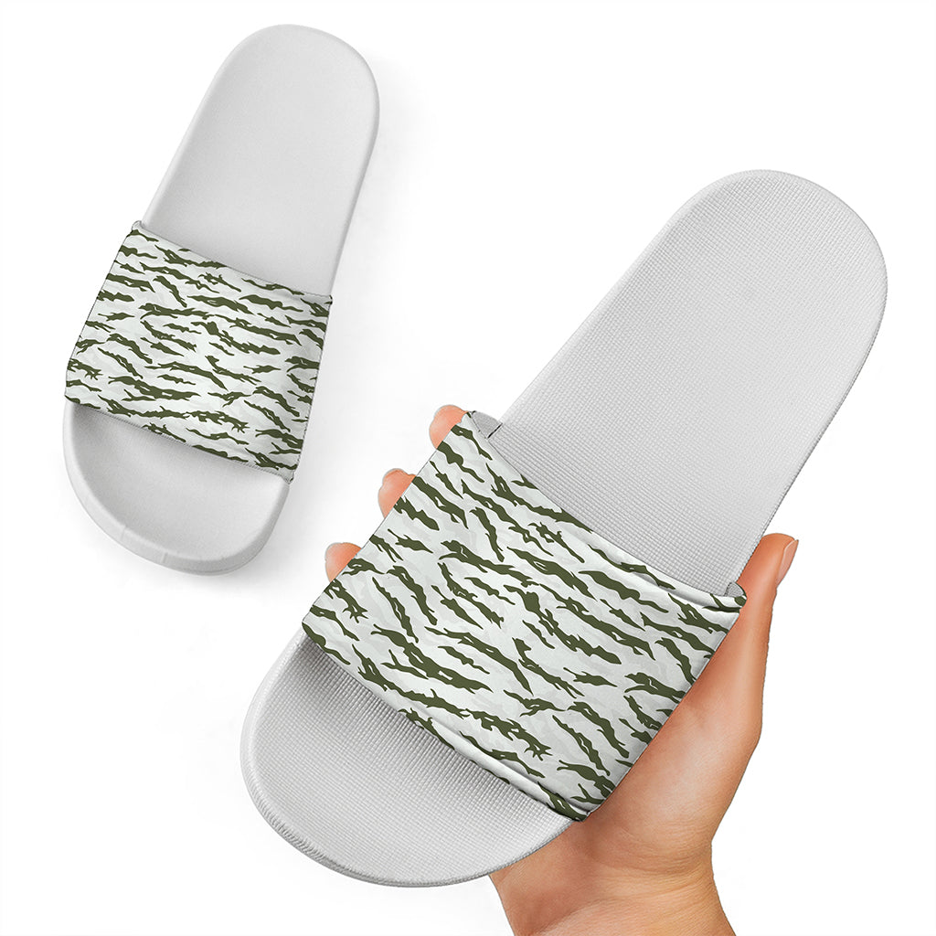 Green And White Tiger Stripe Camo Print White Slide Sandals