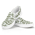 Green And White Tiger Stripe Camo Print White Slip On Shoes