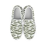 Green And White Tiger Stripe Camo Print White Slip On Shoes