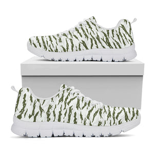 Green And White Tiger Stripe Camo Print White Sneakers